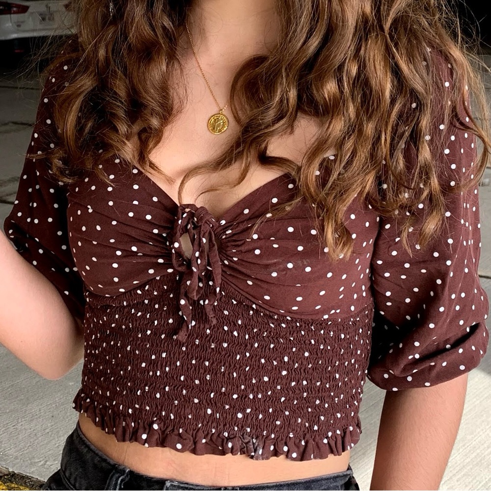 Brown Polka Dot Smocked Crop Top
